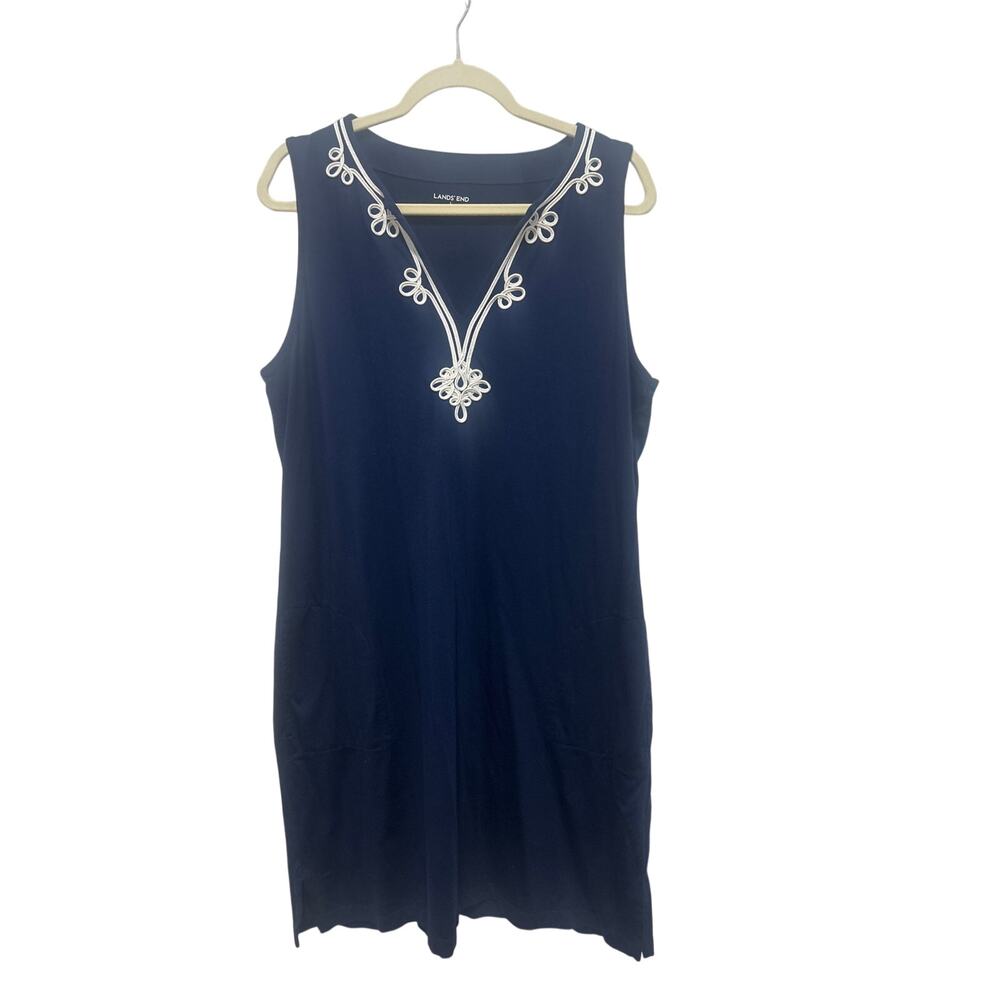 Lands' End Womens Nautical Pockets Navy 100% Cotton Beach Coverup Dress L 14-16